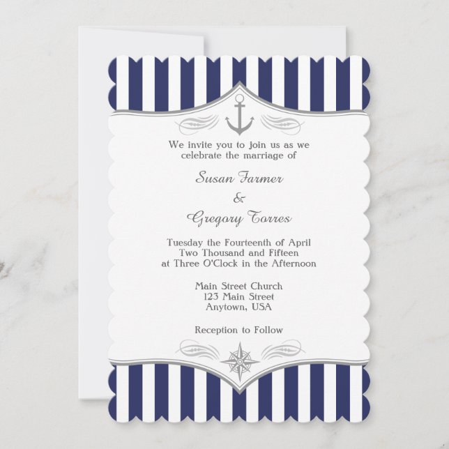 Invitación a la boda náutica gris azul de la Marin (Anverso)