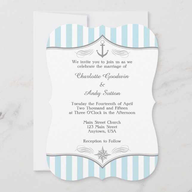 Invitación a la Boda Náutica Gris Azul Polvo (Anverso)