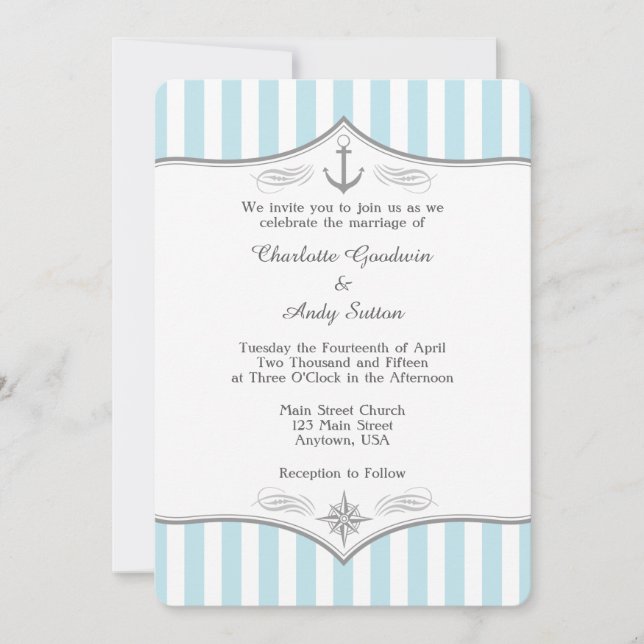 Invitación a la Boda Náutica Gris Azul Polvo (Anverso)