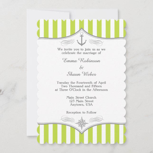 Invitación a la Boda Náutica Gris Blanca Lime Gree (Anverso)