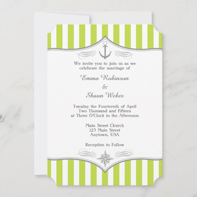 Invitación a la Boda Náutica Gris Blanca Lime Gree (Anverso)