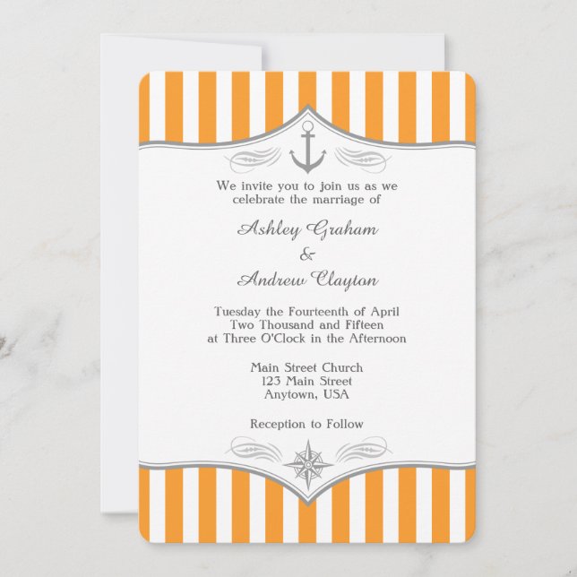 Invitación a la boda náutica gris-blanca naranja (Anverso)