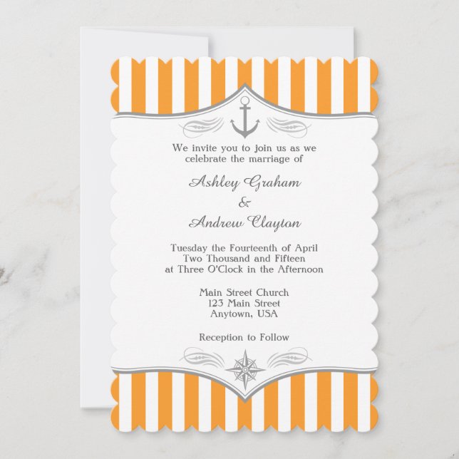 Invitación a la boda náutica gris-blanca naranja (Anverso)