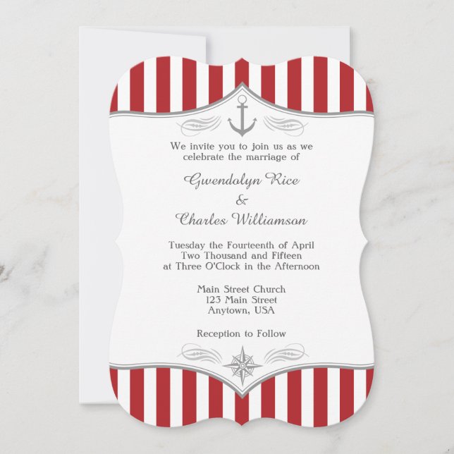 Invitación a la boda náutica gris-blanca roja (Anverso)