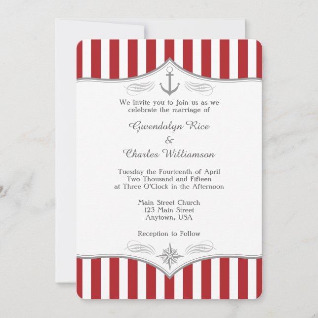 Invitación a la boda náutica gris-blanca roja (Anverso)
