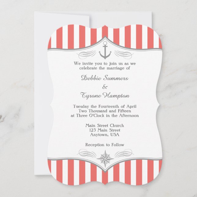 Invitación a la Boda Náutica Gris-Blanco Coral (Anverso)