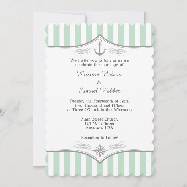 Invitación a la Boda Náutica Gris Blanco Mint. (Anverso)