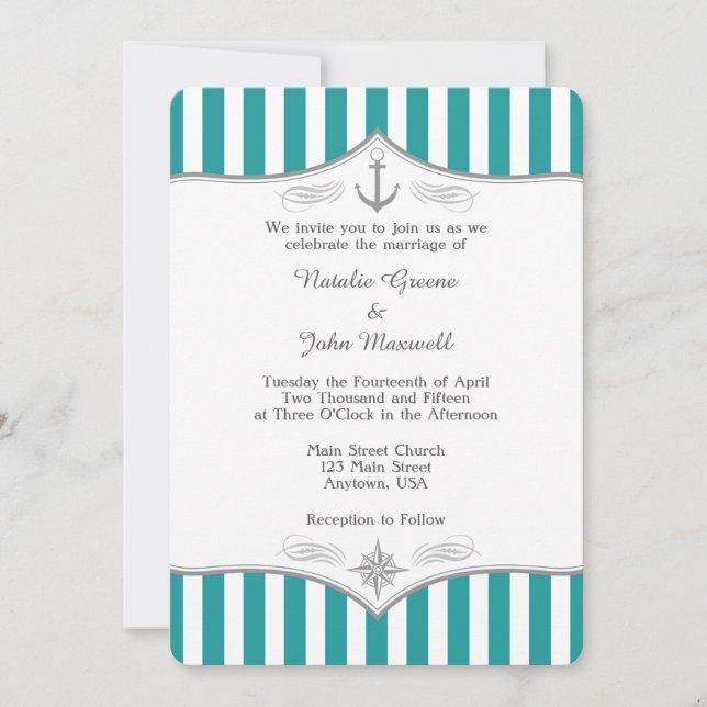 Invitación a la Boda Náutica Gris de Blue Aqua ver (Anverso)