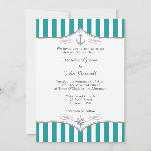 Invitación a la Boda Náutica Gris de Blue Aqua ver (Anverso)