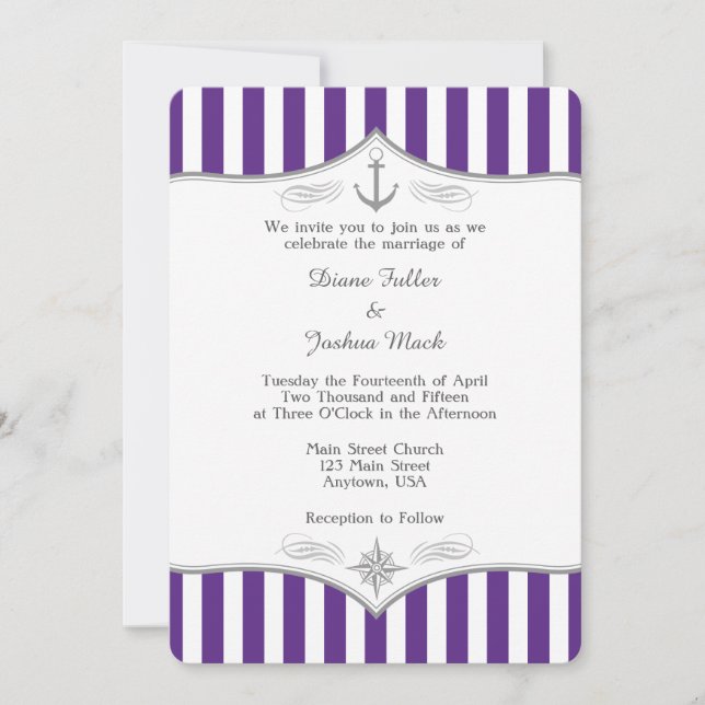Invitación a la boda náutica gris púrpura (Anverso)