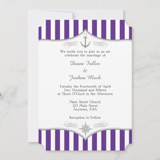 Invitación a la boda náutica gris púrpura (Anverso)