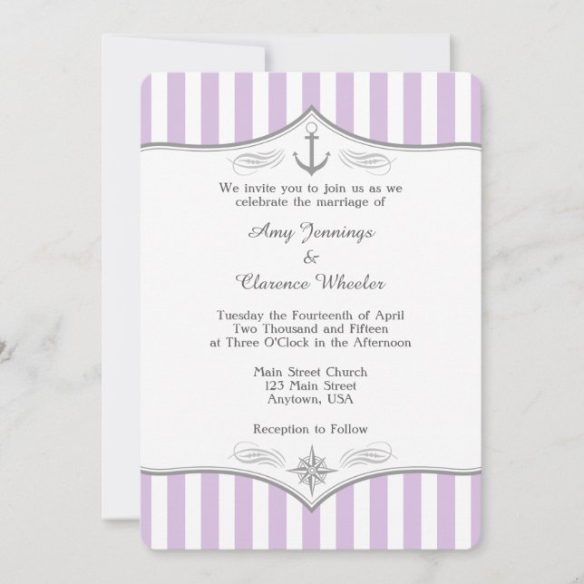 Invitación a la Boda Náutica Gris Púrpura Lavender (Anverso)