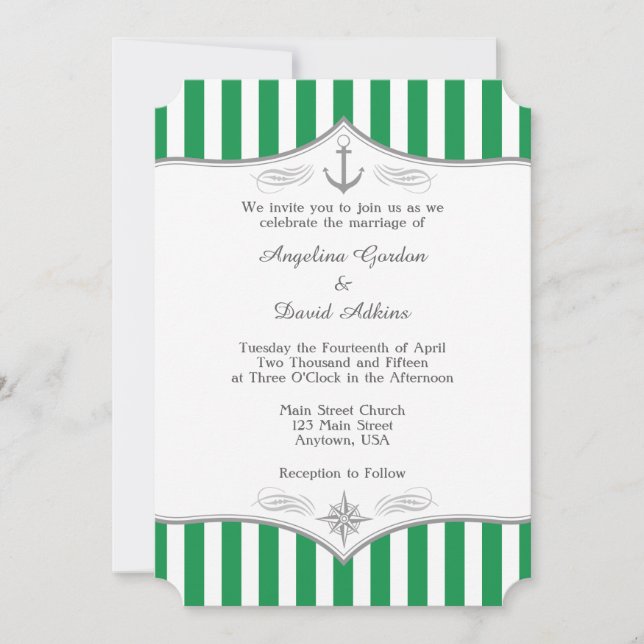 Invitación a la Boda Náutica Gris Verde (Anverso)