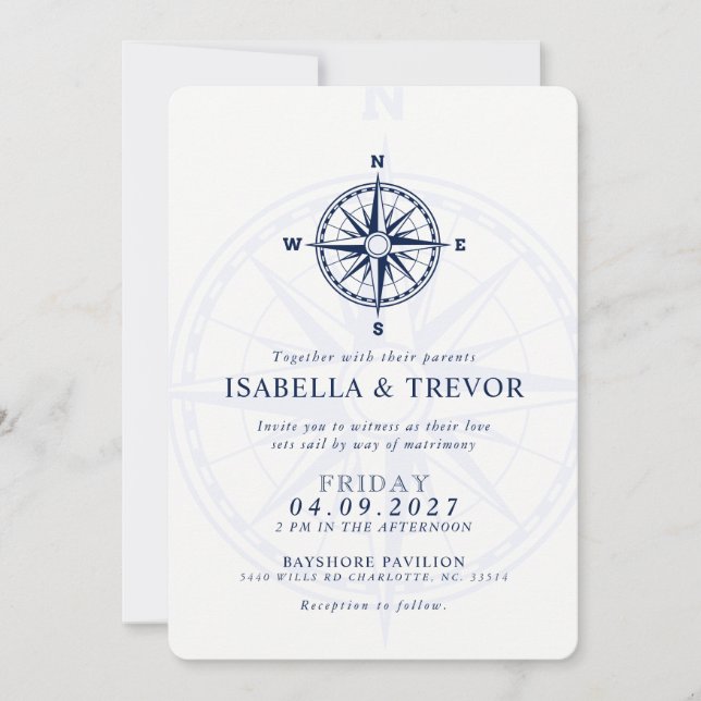 Invitación a la boda náutica Rosa del viento (Anverso)