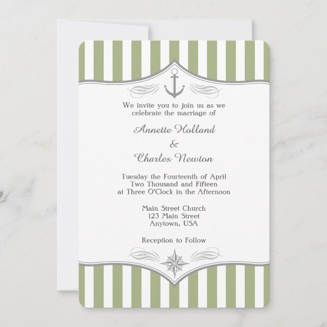 Invitación a la boda náutica verde de oliva sage (Anverso)