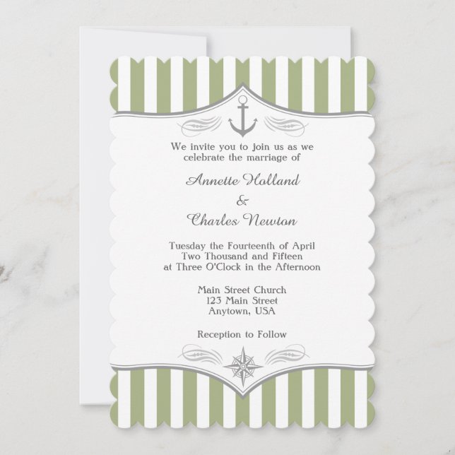 Invitación a la boda náutica verde de oliva sage (Anverso)