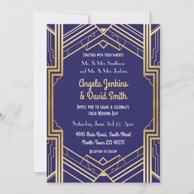 Invitación a la boda naval 1920's Gold Art Deco (Anverso)