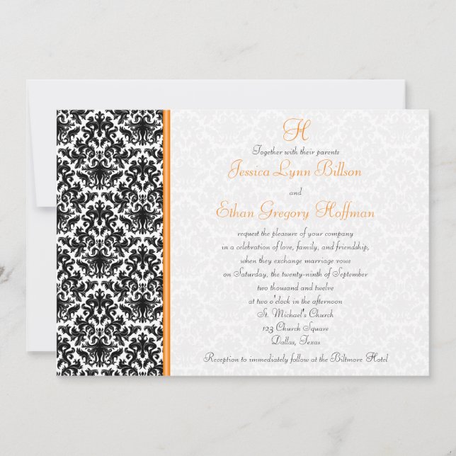 Invitación a la boda negra, blanca y Naranja (Anverso)