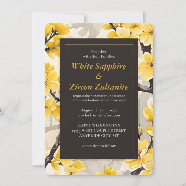Invitación a la Boda Negra con Flor Amarilla (Anverso)