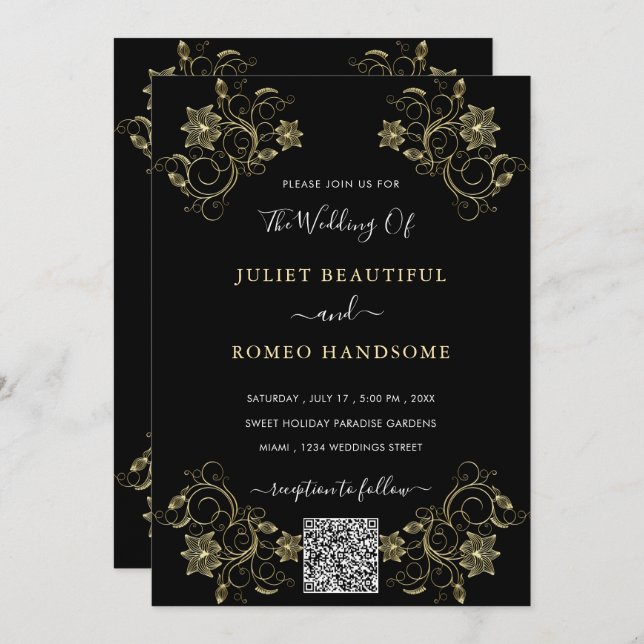 Invitación a la boda negra con flores de oro con c (Anverso / Reverso)