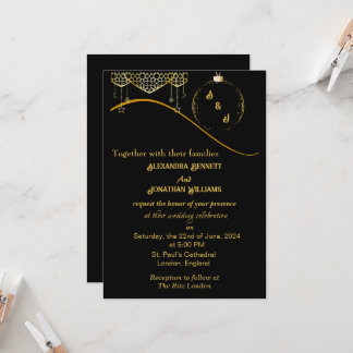 Invitación a la Boda Negra con Monograma Elegante 