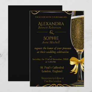 Invitación a la boda negra con vidrio de champán d