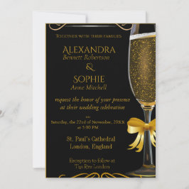 Invitación a la boda negra con vidrio de champán d