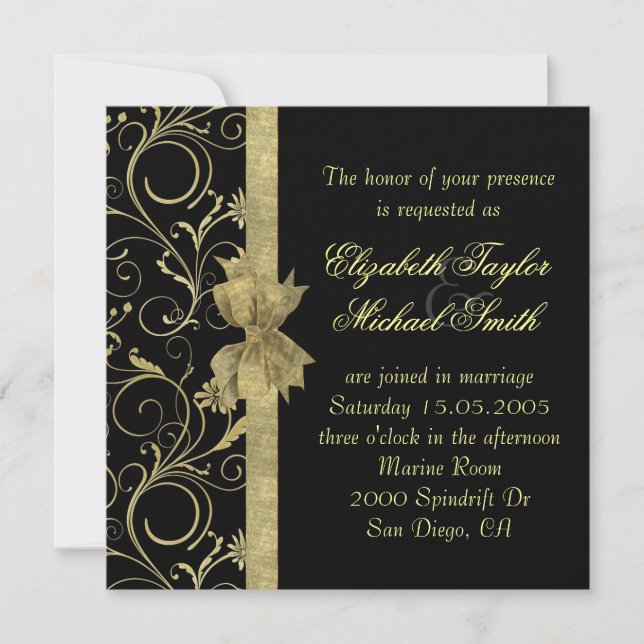 Invitación a la Boda Negra de Cinta Dorada de Lujo (Anverso)