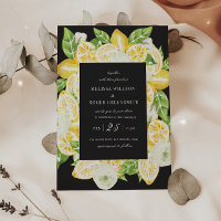 Invitación a la boda negra de cítricos con fruta d