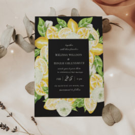 Invitación a la boda negra de cítricos con fruta d