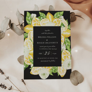 Invitación a la boda negra de cítricos con fruta d
