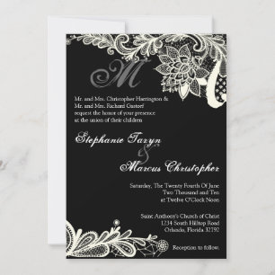 Invitación a la boda negra de encaje vintage de 5