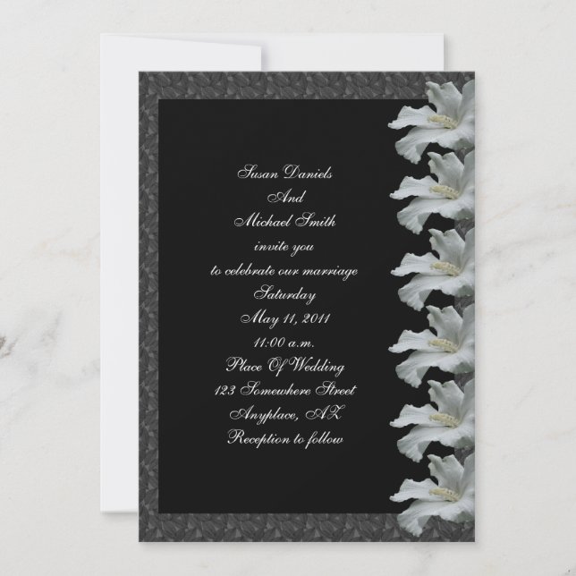 Invitación a la boda negra de flor blanca Hibiscus (Anverso)