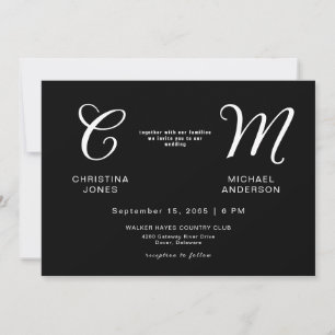 Invitación a la boda negra de monograma contemporá