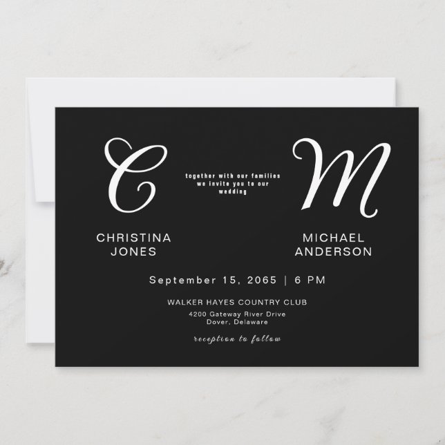 Invitación a la boda negra de monograma contemporá (Anverso)