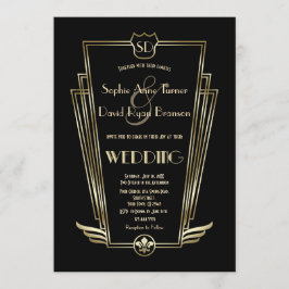 Invitación a la Boda Negra de Monograma de Arte Re