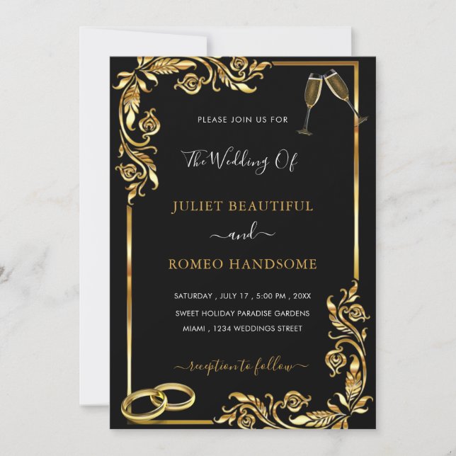 Invitación a la Boda Negra de Oro - Anillos y cham (Anverso)