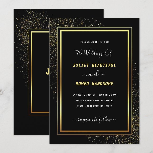 Invitación a la Boda Negra de Oro - Tarjeta de inv (Anverso / Reverso)