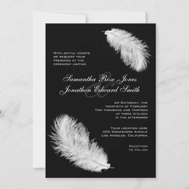Invitación a la boda negra de plumas blancas (Anverso)