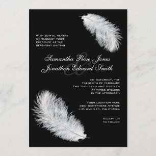 Invitación a la boda negra de plumas blancas