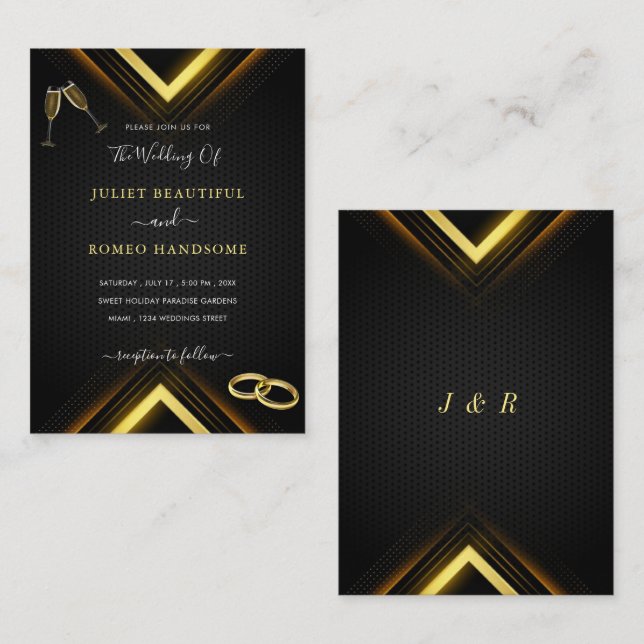 Invitación a la Boda Negra Dorada Moderna (Anverso / Reverso)
