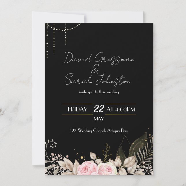 Invitación a la boda negra floral rosa y crema (Anverso)