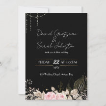 Invitación a la boda negra floral rosa y crema