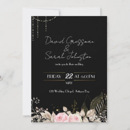 Invitación a la boda negra floral rosa y crema