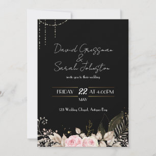 Invitación a la boda negra floral rosa y crema
