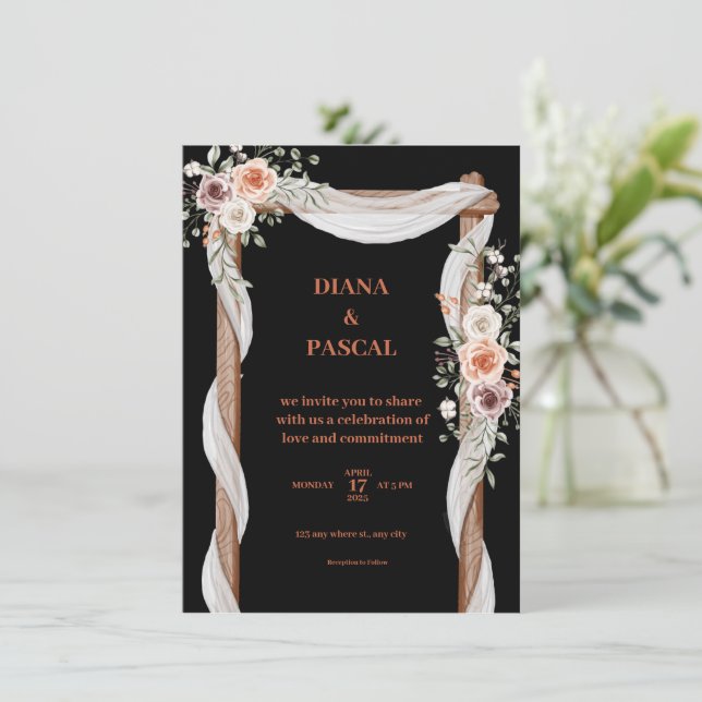 Invitación a la boda negra, marrón y rosa (Anverso de pie)