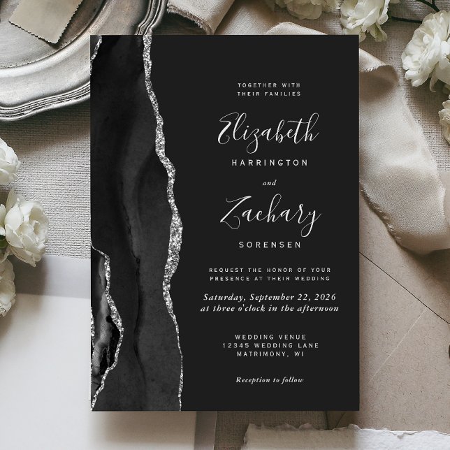 Invitación a la boda negra moderna de plata negra (Subido por el creador)