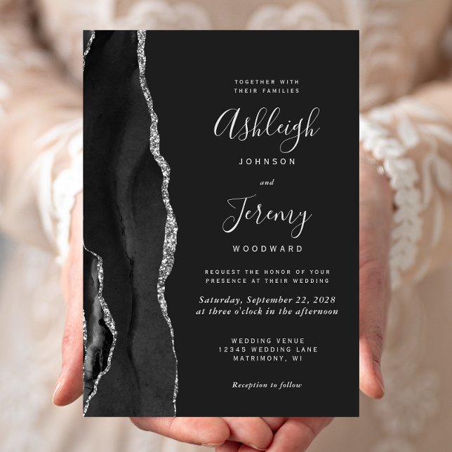 Invitación a la boda negra moderna de plata negra (Subido por el creador)