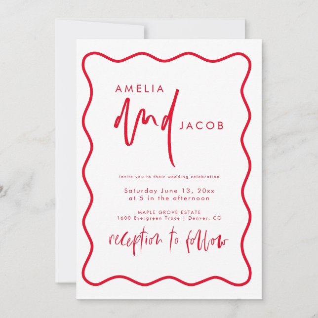 Invitación a la Boda Negra, Moderna, Roja Y Rosa (Anverso)