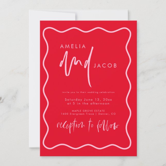 Invitación a la Boda Negra, Moderna, Roja Y Rosa (Anverso)